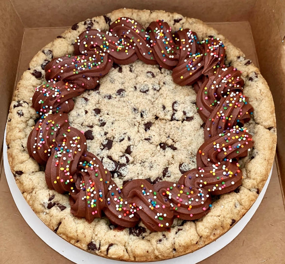 Vegan chocolate chip cookie cake with chocolate ganache and sprinkles (optional) made to order in Trinidad