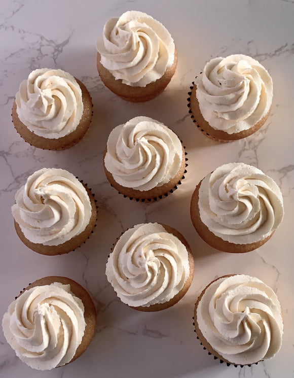 Vegan vanilla cupcakes topped with our signature vanilla buttercream made to order in Trinidad